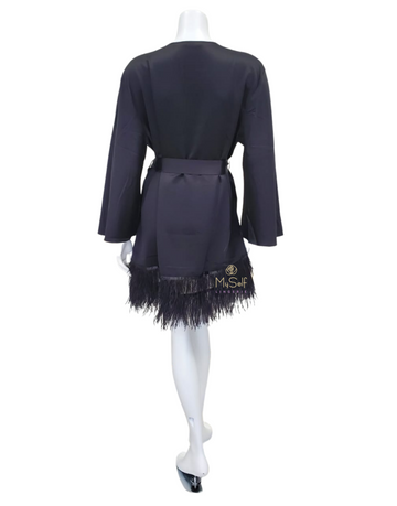 Rya Collection 394 Black Swan Feathers Satin Kimono Wrap myselflingerie.com